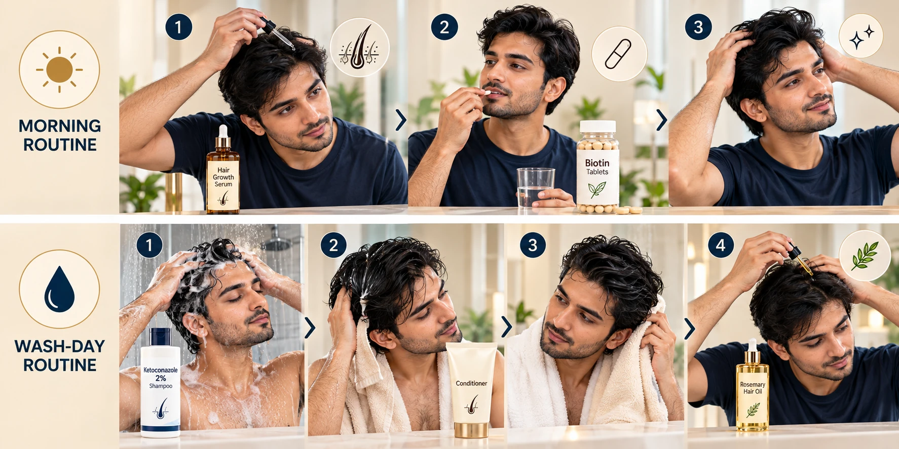 Men’s structured morning and wash-day haircare routine for Delhi users with labeled cleansing, conditioning and styling steps.