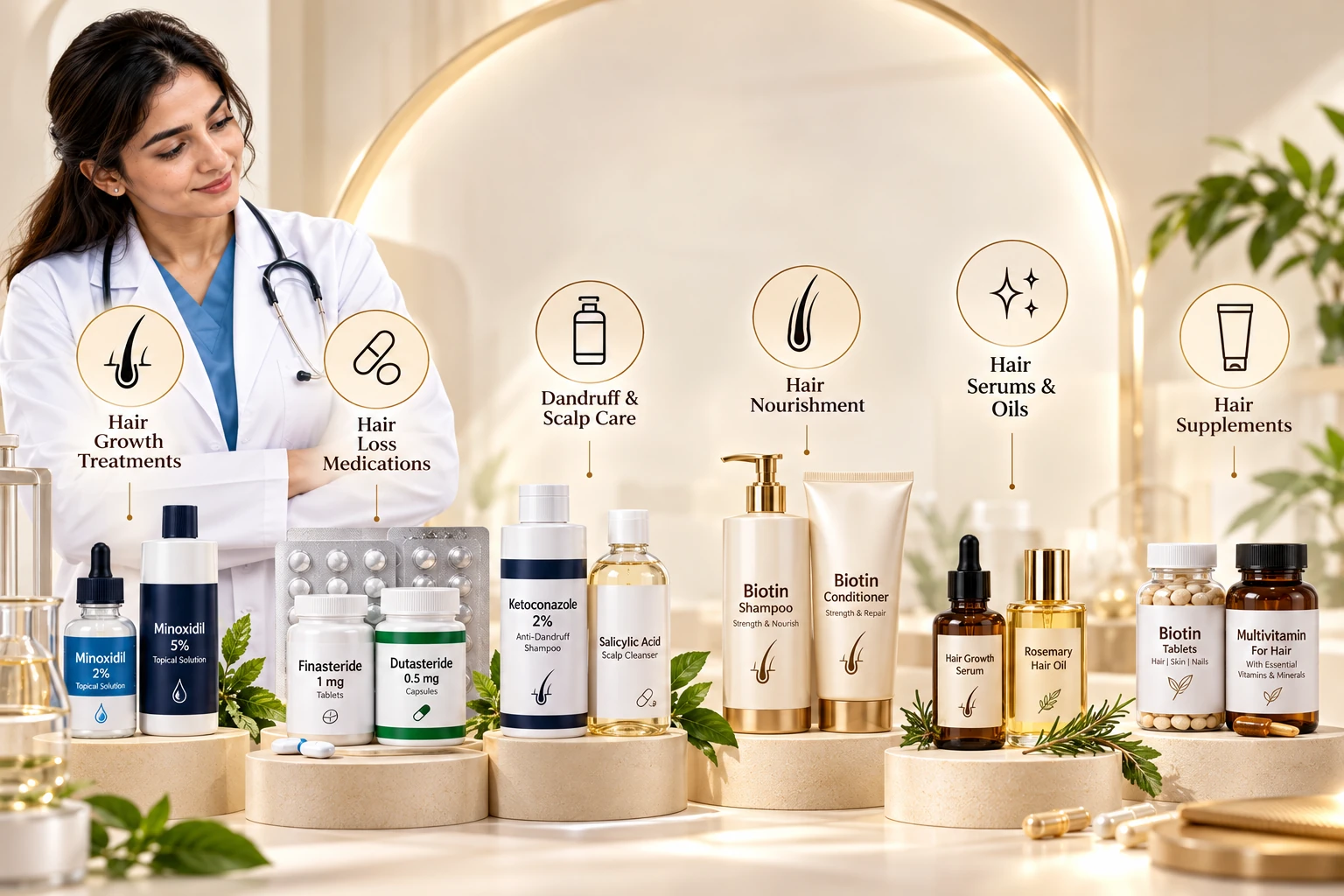 Hairsncares dermatologist-guided haircare product categories with labeled bottles for hair growth, hair loss, scalp care, serums, oils and supplements.