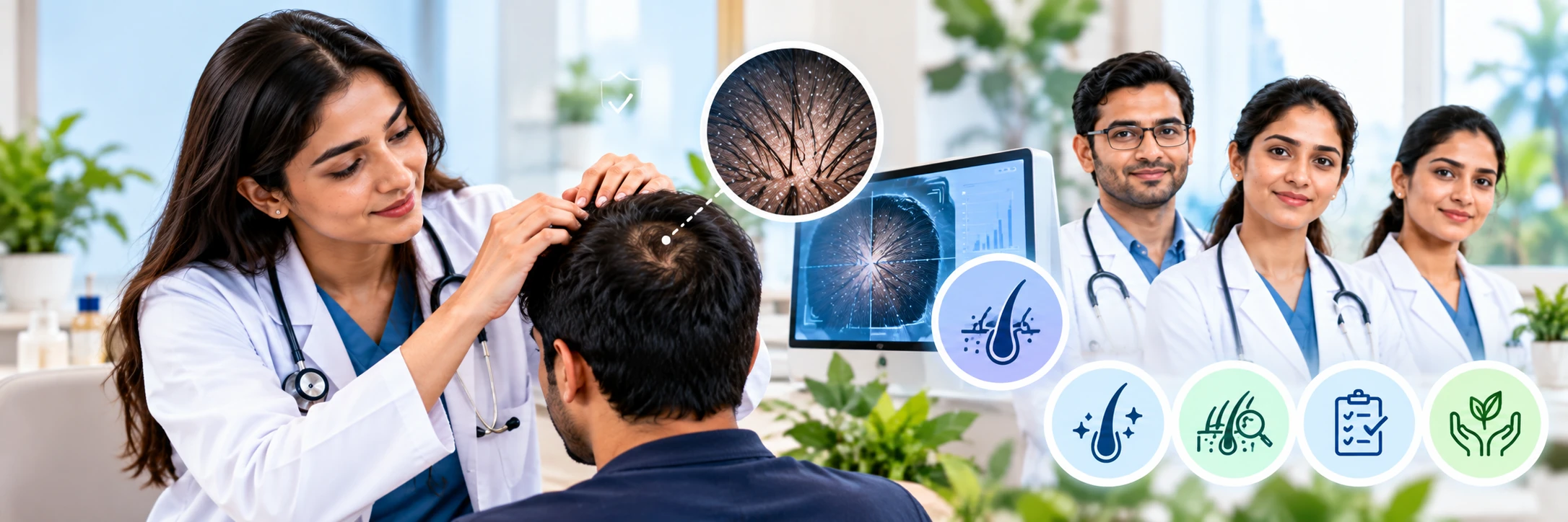 Doctor-reviewed haircare visual showing dermatologist scalp assessment, AI-assisted analysis and professional haircare guidance.