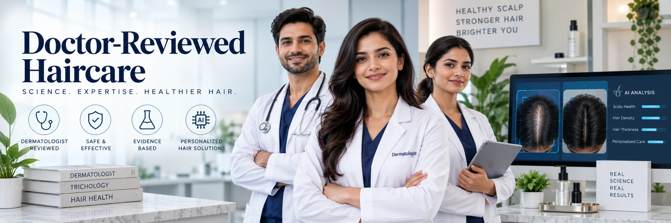 Dermatologist-reviewed haircare team with AI-assisted scalp screening and personalized haircare guidance.