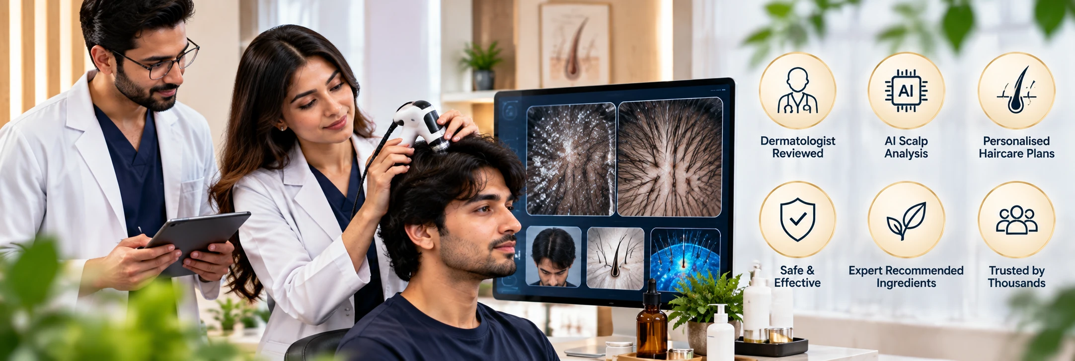 Doctor-reviewed haircare visual featuring dermatologist scalp assessment, AI scalp analysis and personalized haircare guidance.