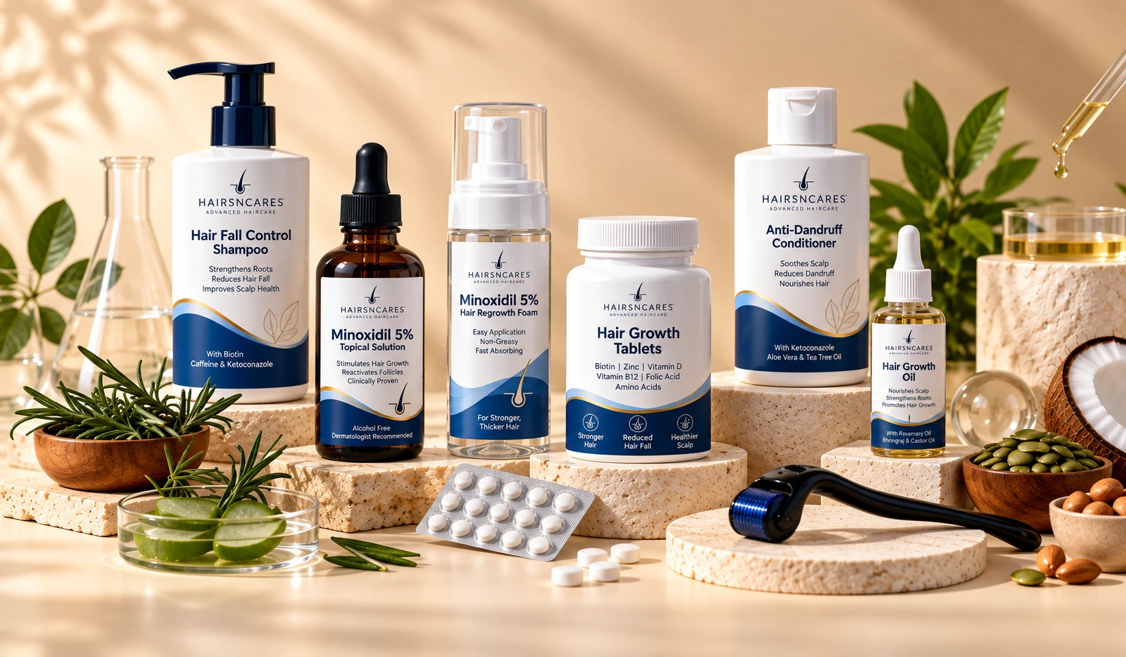 Dermatologist-reviewed Hyderabad haircare bundle featuring labeled shampoo, Minoxidil, hair growth tablets, conditioner and hair growth oil.