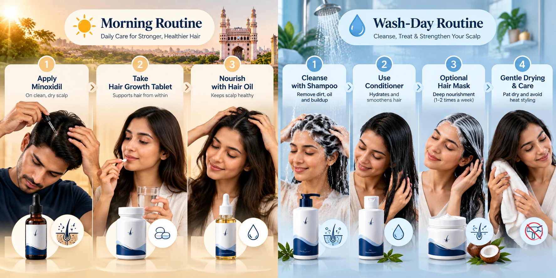 Structured dermatologist-reviewed morning and wash-day haircare routine for Hyderabad users.