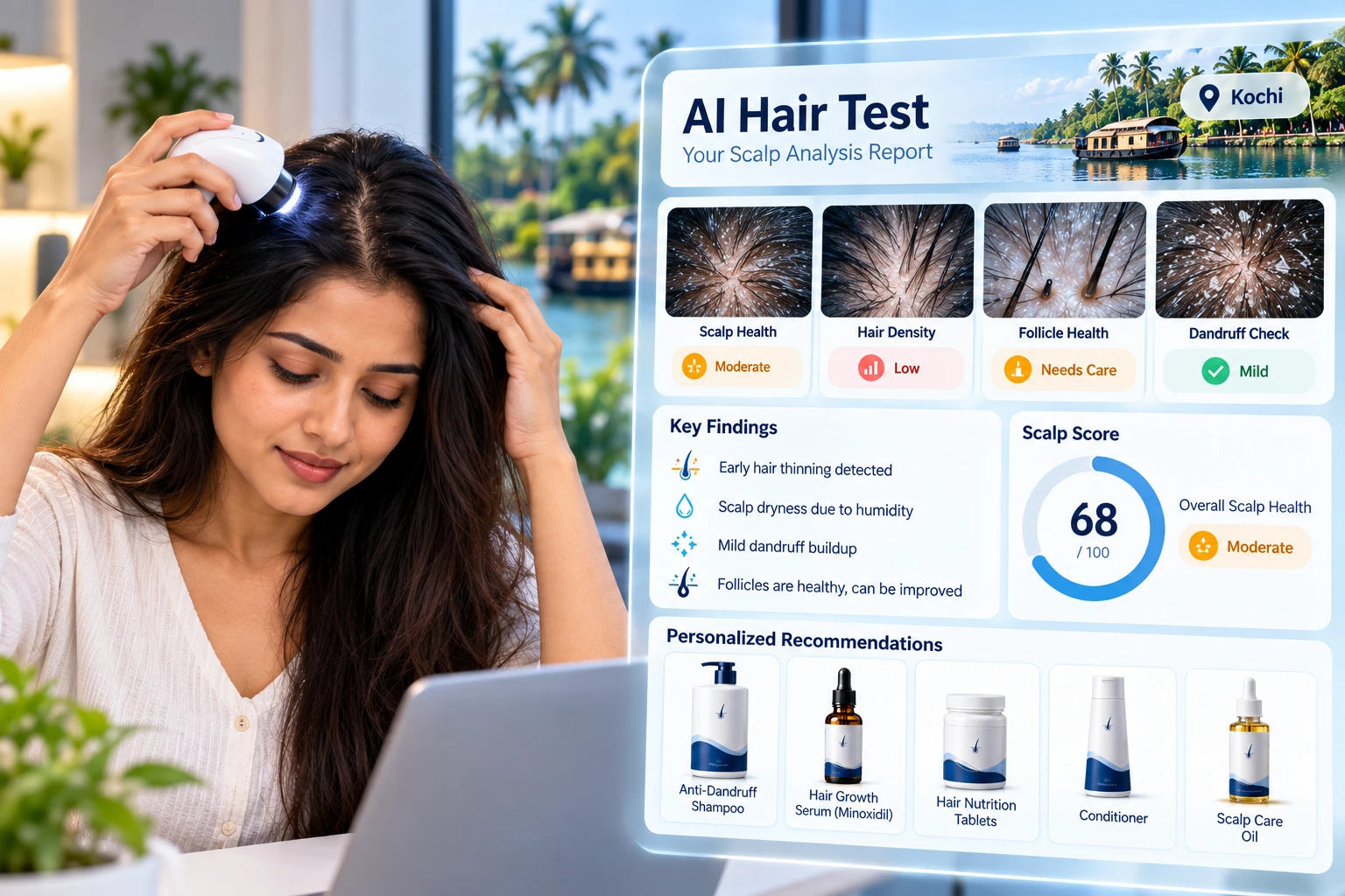 AI Hair Test dashboard preview for Kochi users showing scalp analysis, hair density, follicle health and dandruff screening.