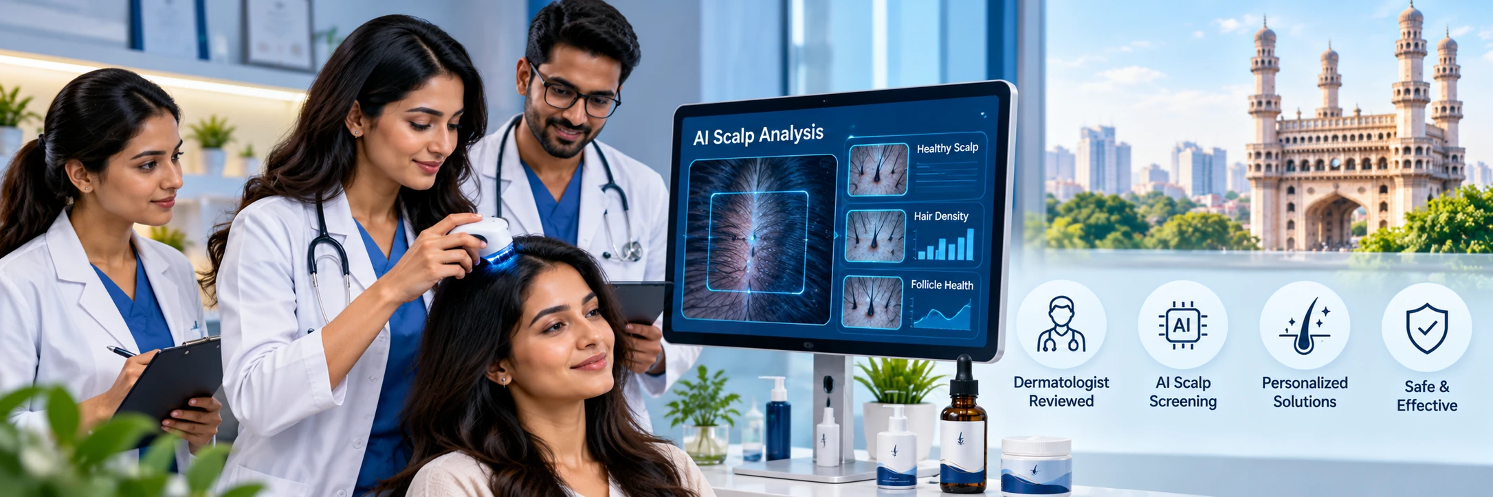Dermatologist-reviewed haircare visual featuring AI scalp screening, hair density analysis and personalized haircare guidance in Hyderabad.