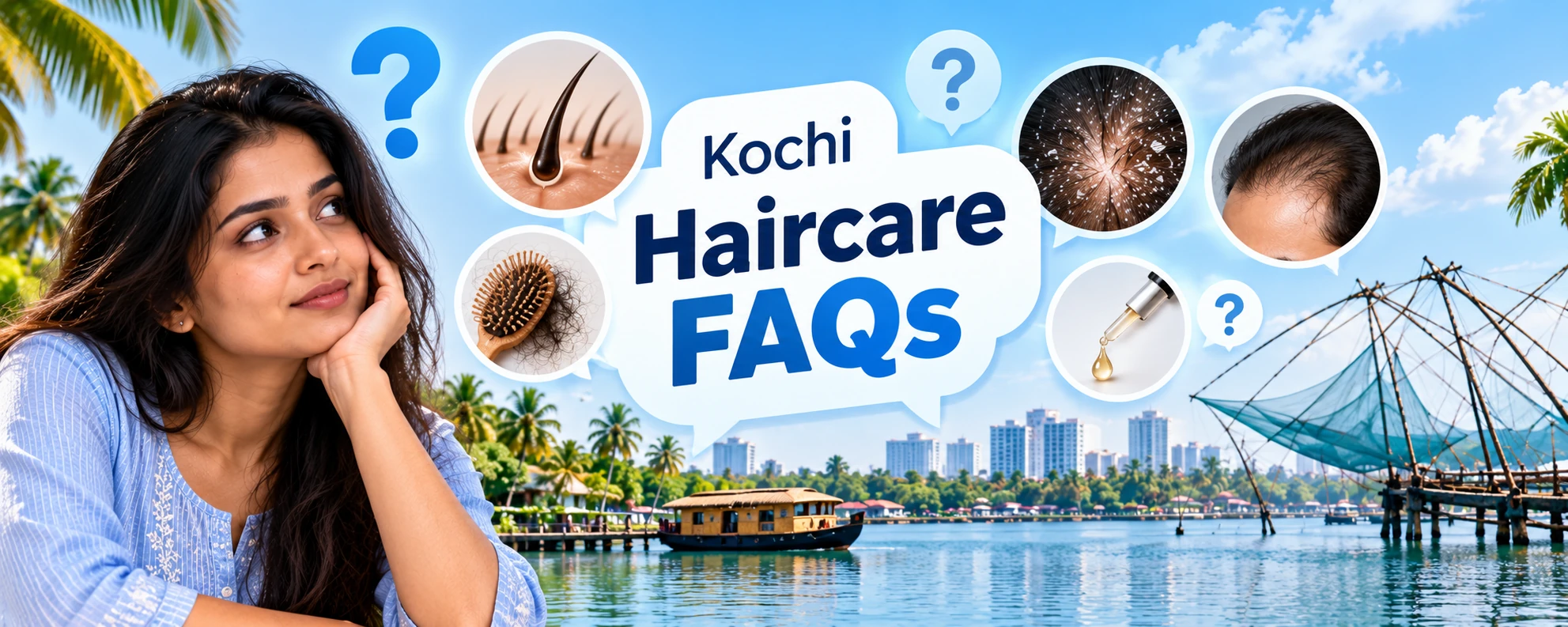 Kochi haircare FAQs banner featuring hair fall, dandruff, thinning hair, scalp care and haircare imagery.