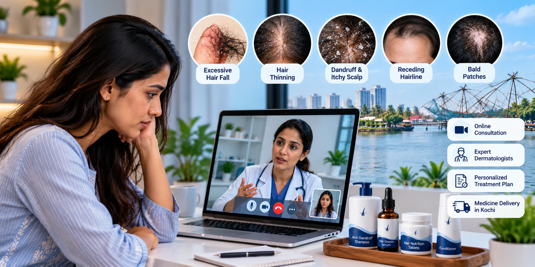 Online dermatologist consultation for Kochi hair loss and scalp concerns with labeled hair fall, thinning, dandruff, receding hairline and bald patches.