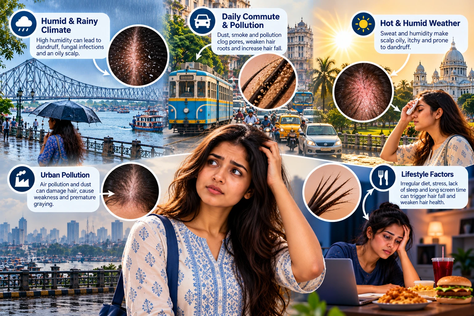 Kolkata climate, humidity, monsoon, pollution, commute and lifestyle factors shown as potential scalp and hair care triggers.