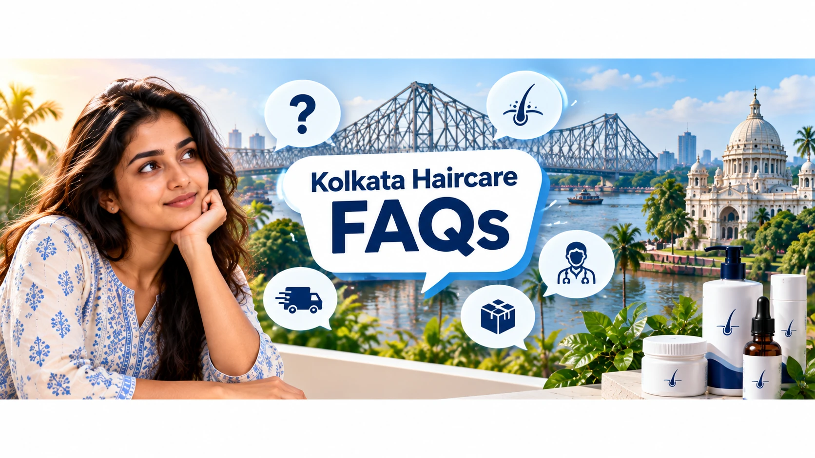 Kolkata haircare FAQs banner featuring haircare, scalp care, dermatologist guidance and delivery icons.