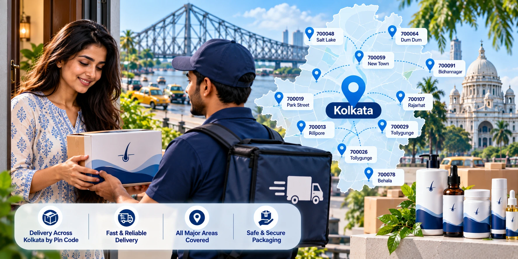 Haircare product delivery across Kolkata areas by pin code with labeled locations, doorstep delivery and secure packaging.