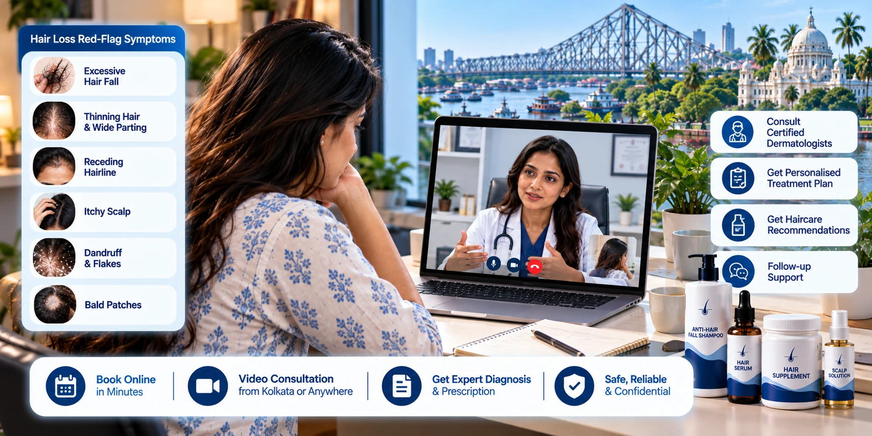 Online dermatologist consultation for Kolkata hair loss and scalp concerns with labeled red-flag symptoms.
