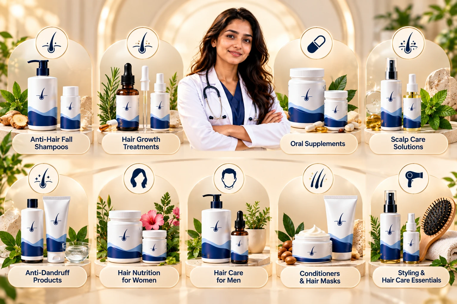 Dermatologist-guided haircare product categories featuring anti-hair fall, hair growth, scalp care, anti-dandruff and conditioning products.
