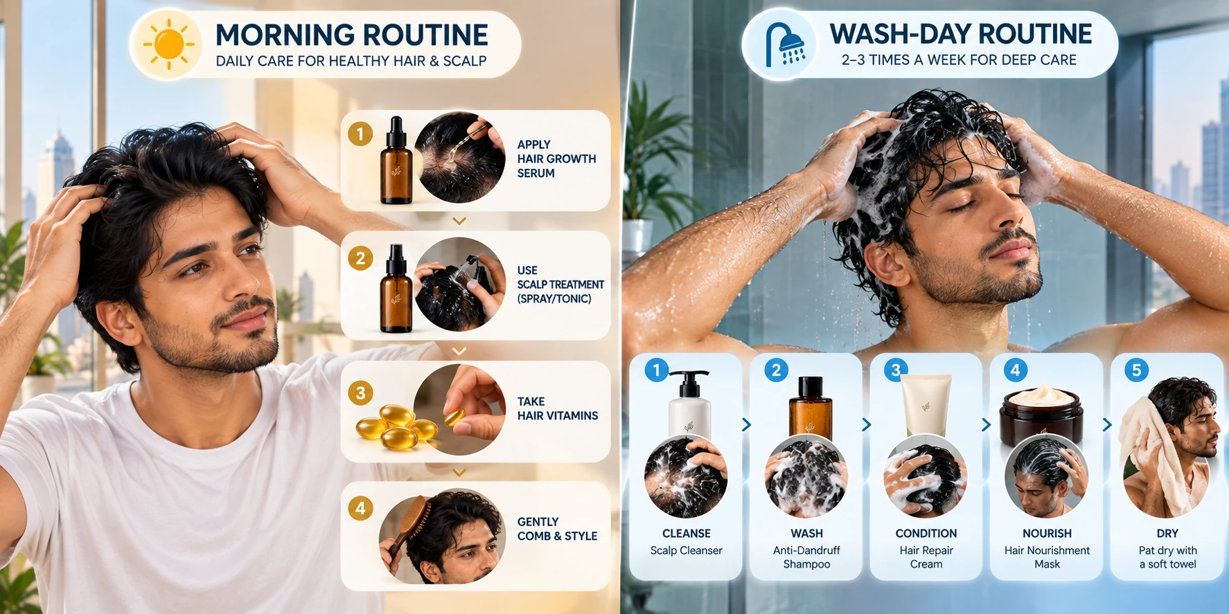 Routine steps — morning & wash-day visual