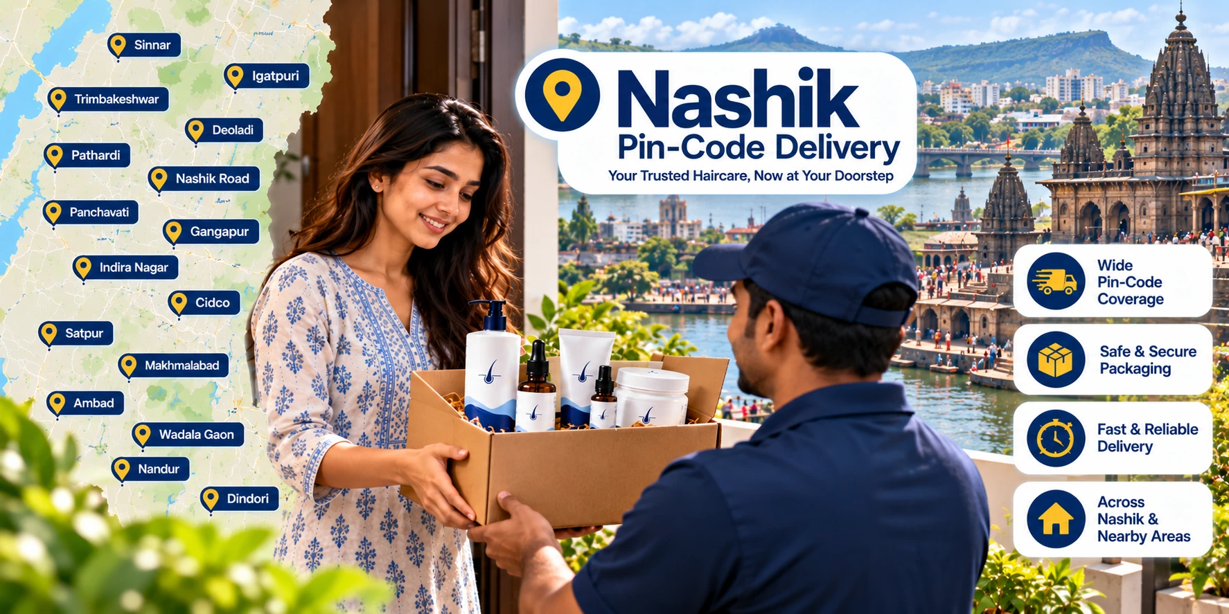 Haircare product delivery across Nashik areas by pin code with labeled locations, doorstep delivery and secure packaging.