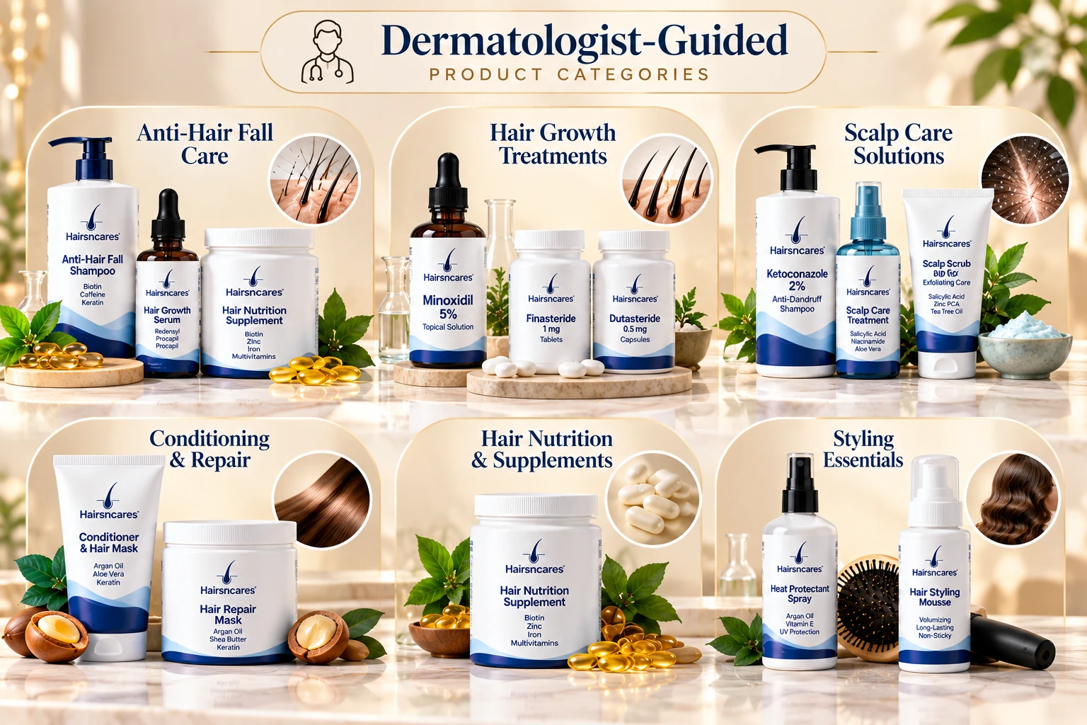 Dermatologist-guided haircare product categories for Patna featuring anti-hair fall care, hair growth treatments, scalp care, conditioning, nutrition and styling essentials.