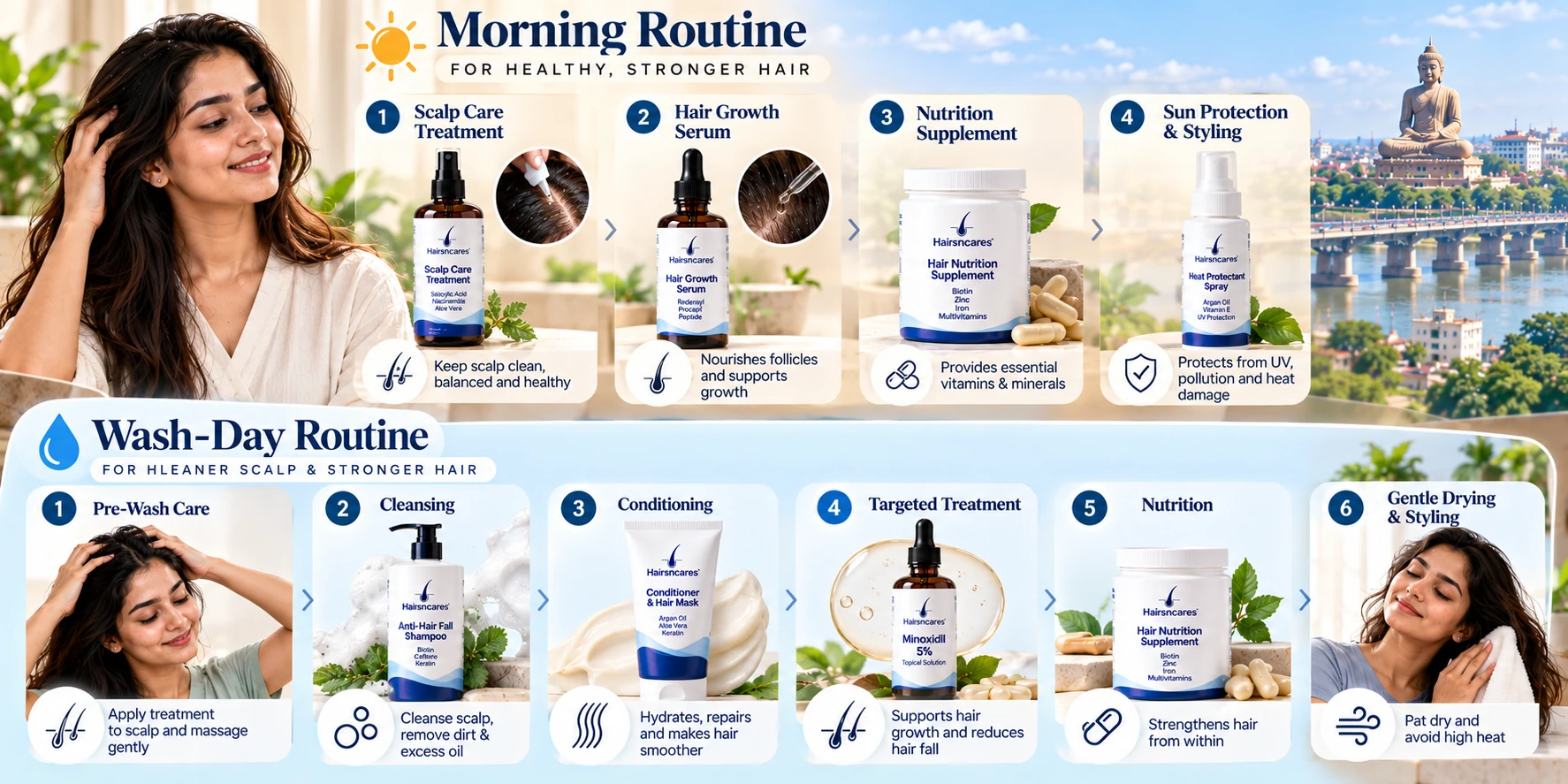 Structured dermatologist-reviewed morning and wash-day haircare routine for Patna users.