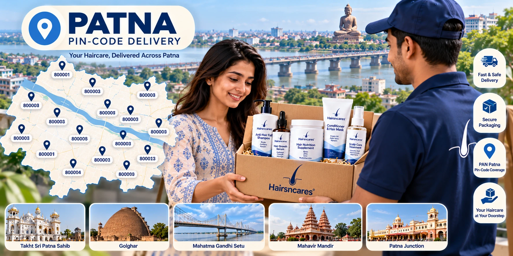 Haircare product delivery across Patna areas by pin code with labeled locations, doorstep delivery and secure packaging.