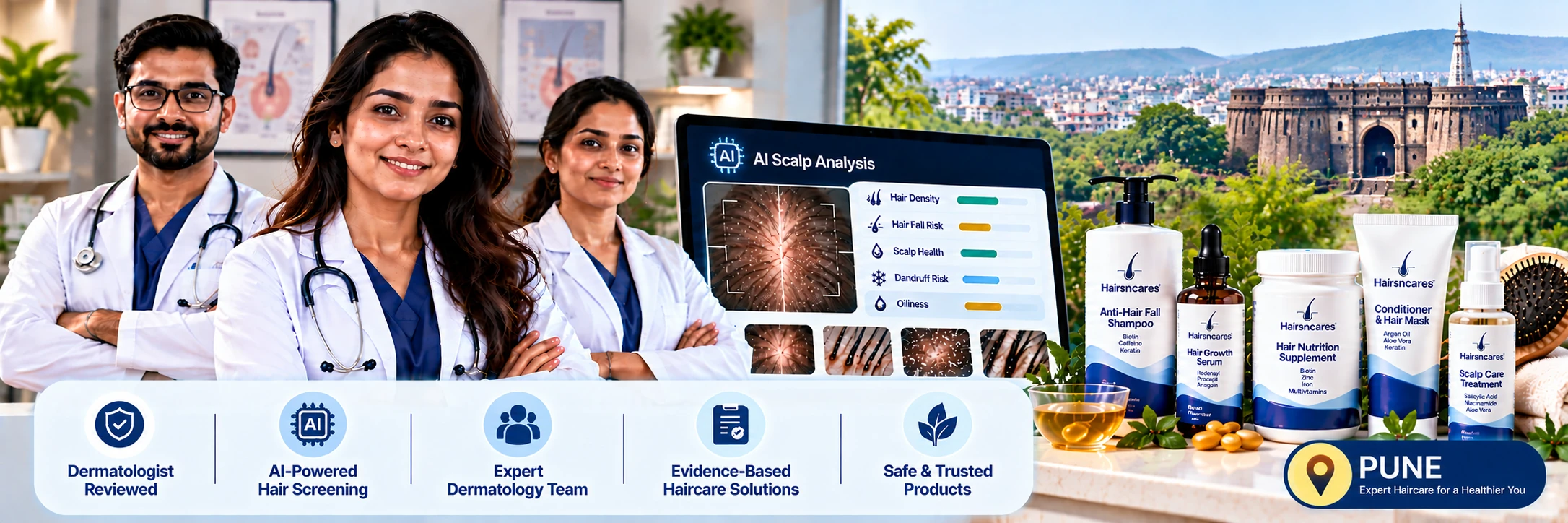 Dermatologist-reviewed haircare visual featuring an expert team, AI scalp screening and haircare products for Pune users.