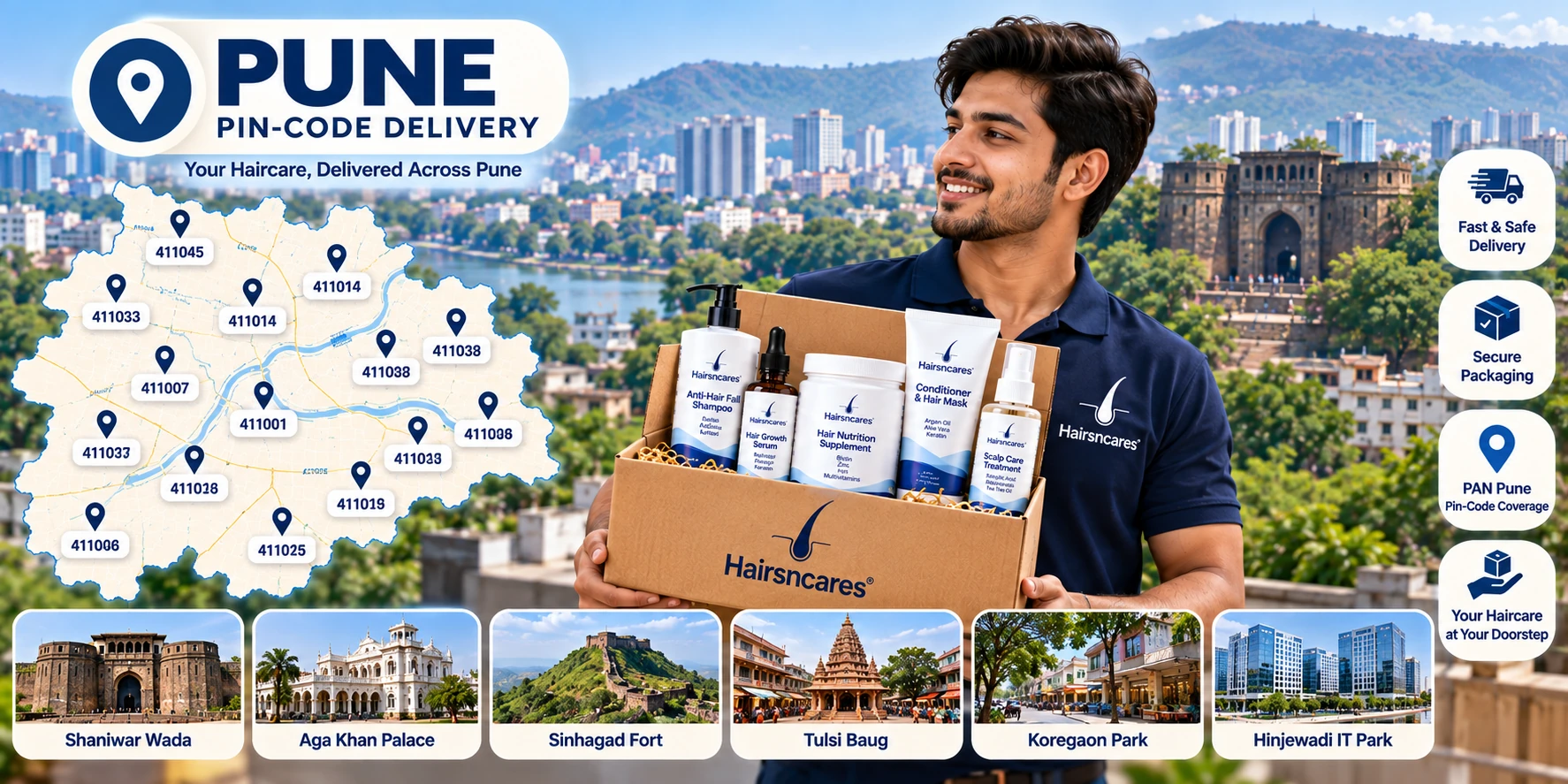 Haircare product delivery across Pune areas by pin code featuring a male delivery representative, labeled locations and doorstep service.