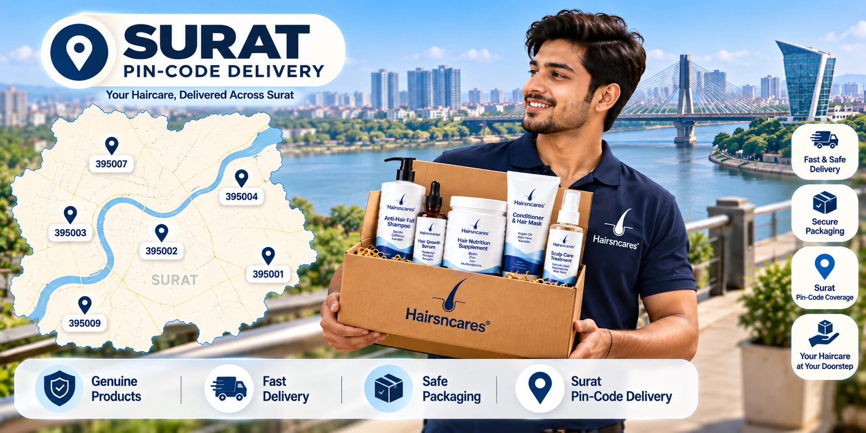 Haircare product delivery across Surat areas by pin code featuring a male representative and doorstep delivery.