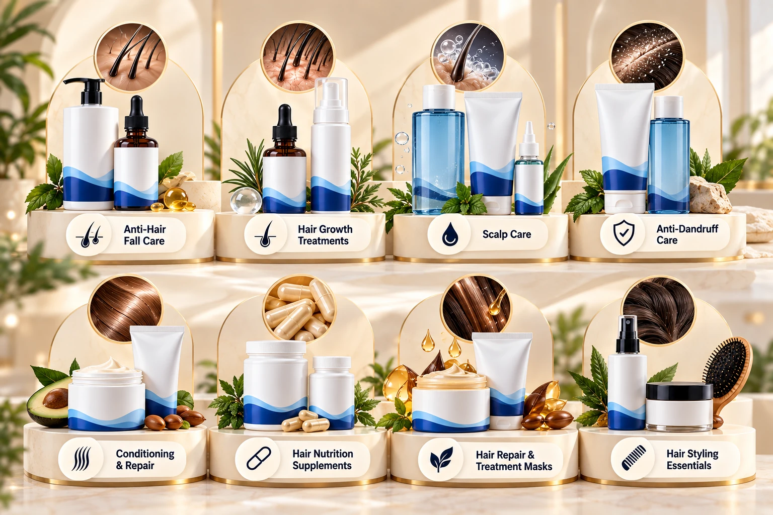 Dermatologist-guided haircare product categories for Vadodara featuring anti-hair fall care, hair growth, scalp care, anti-dandruff, conditioning, nutrition and styling essentials.
