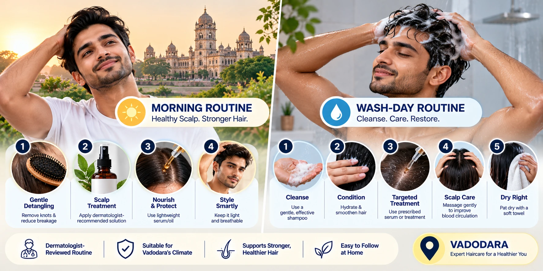 Structured dermatologist-reviewed morning and wash-day haircare routine for men in Vadodara.