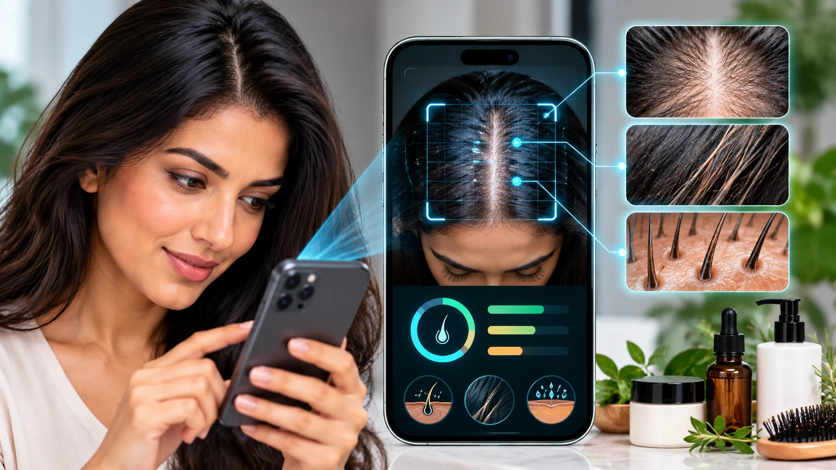 AI hair test analyzing scalp, hair density and follicles using smartphone technology