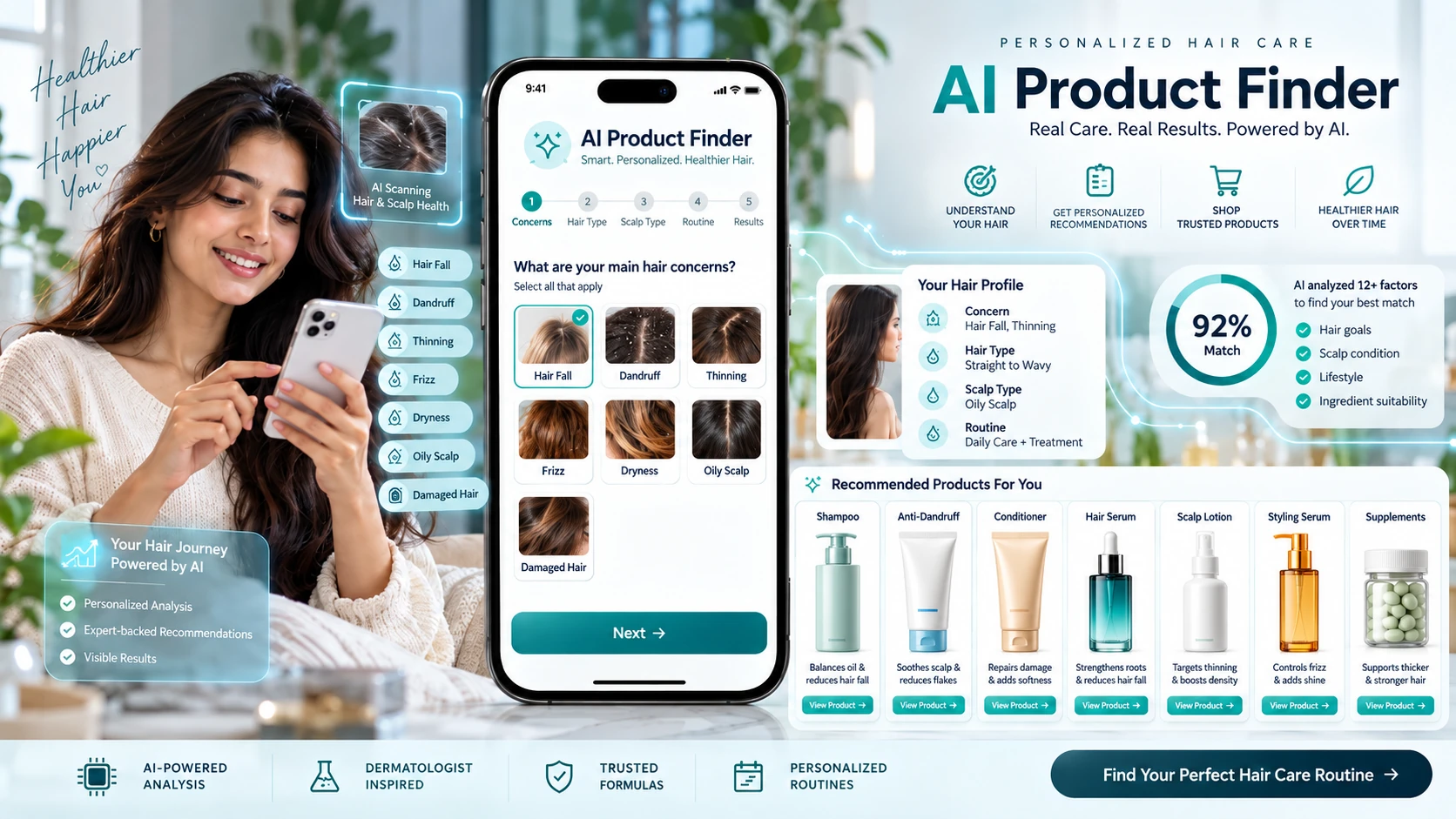 AI product finder recommending personalized hair care products based on hair type, scalp condition, and hair concerns.