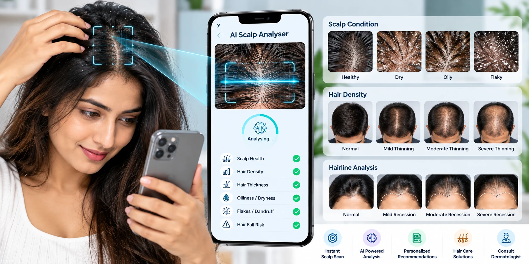 AI scalp analyser scanning hair and scalp condition with hair density, dandruff, dryness, oiliness, and hairline analysis.