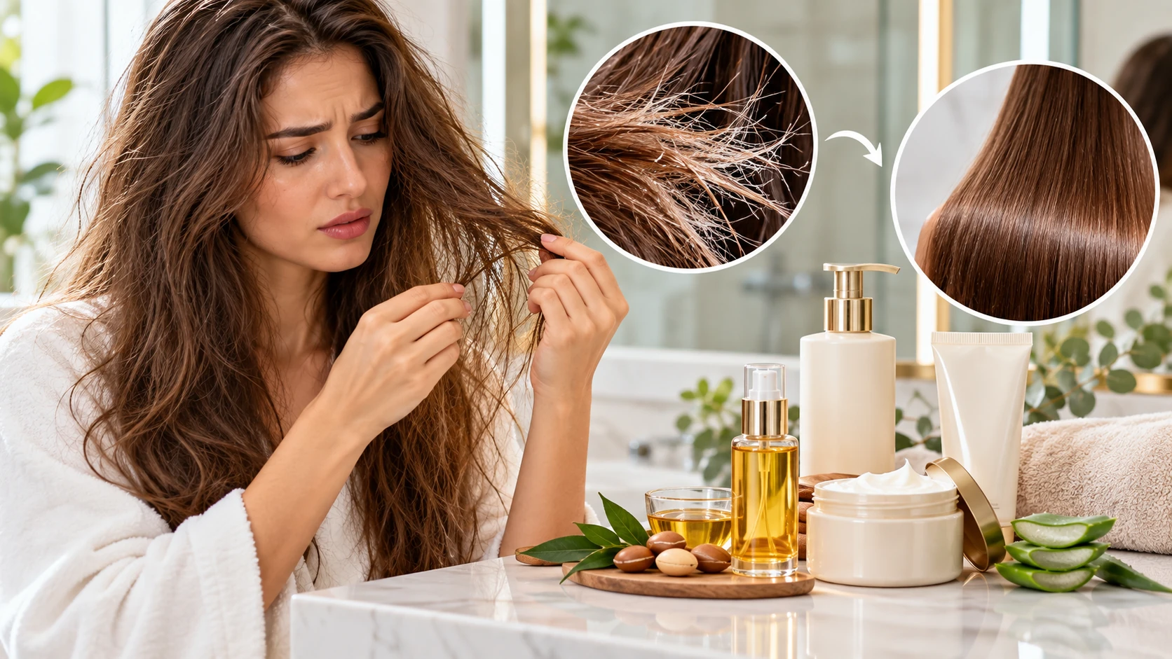 Woman examining frizzy damaged hair with close-up of dry split strands and smoother healthy-looking hair.