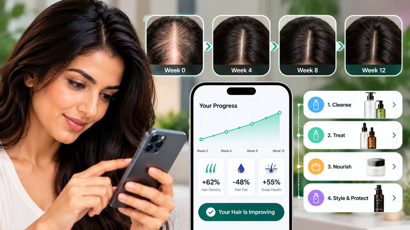 Hair progress tracker showing hair density, shedding and scalp health changes over time