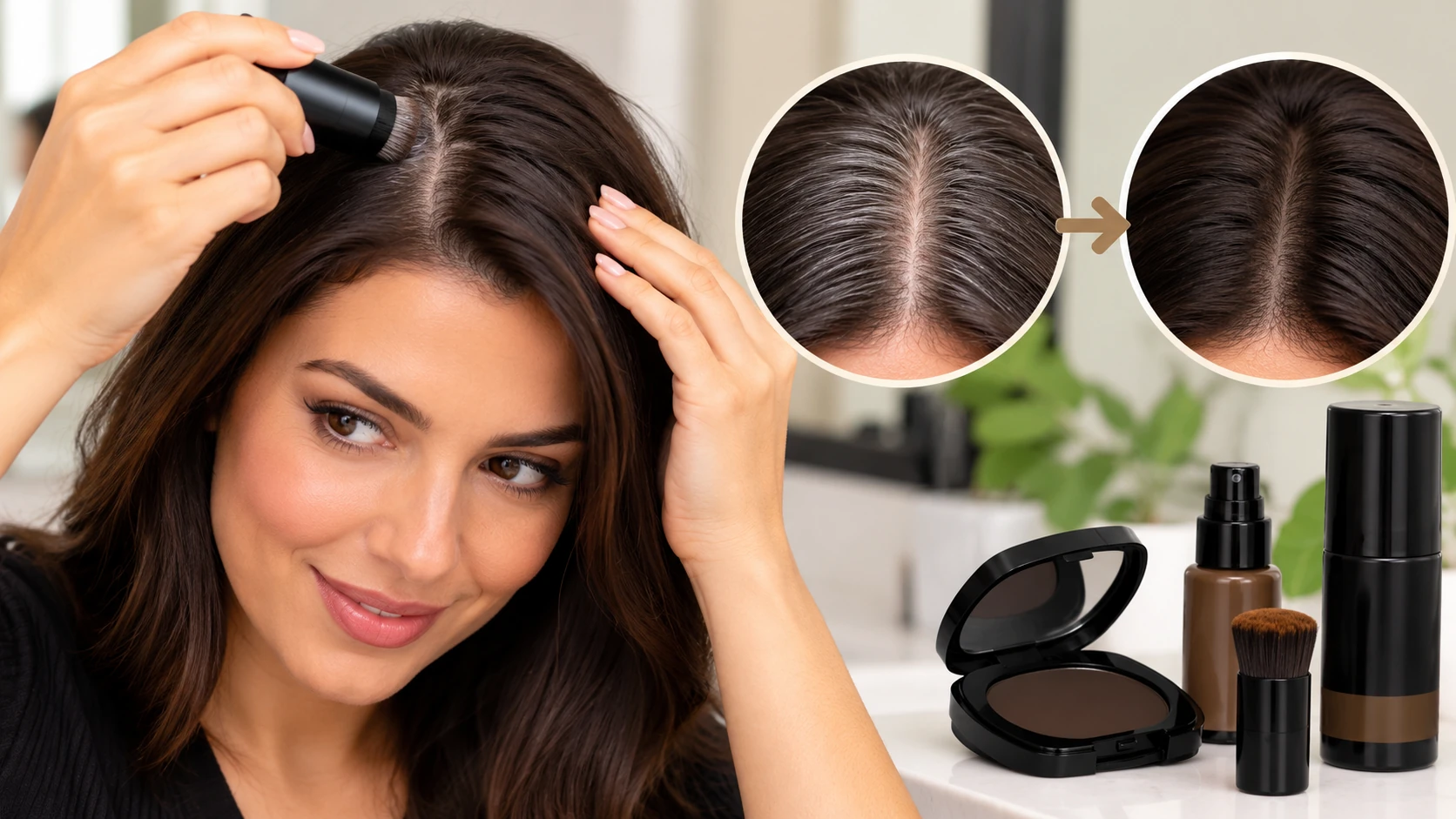 Woman applying instant hair root coverage product to conceal visible thinning and gray roots