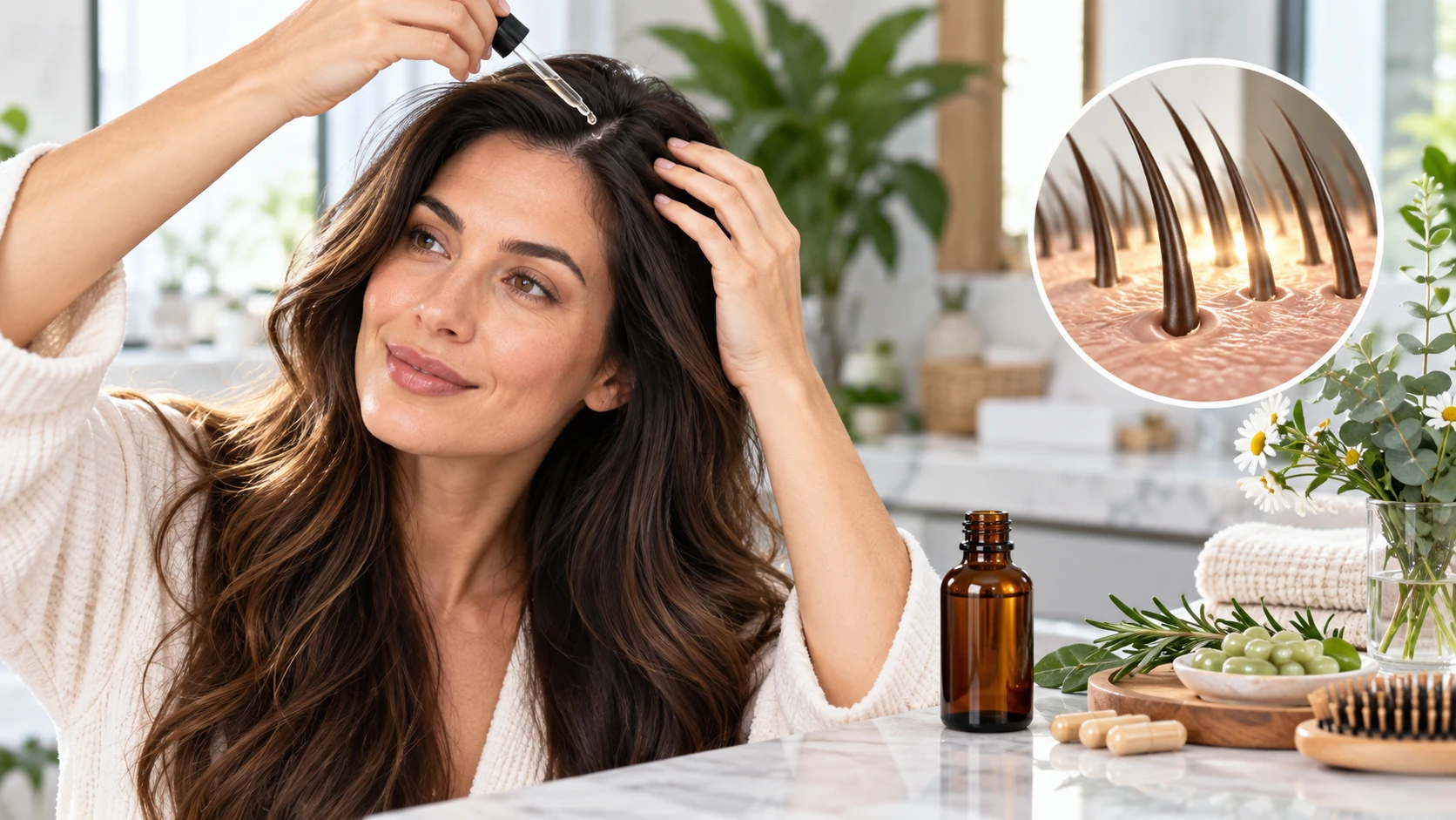 Woman applying non-prescription scalp serum for hair growth support