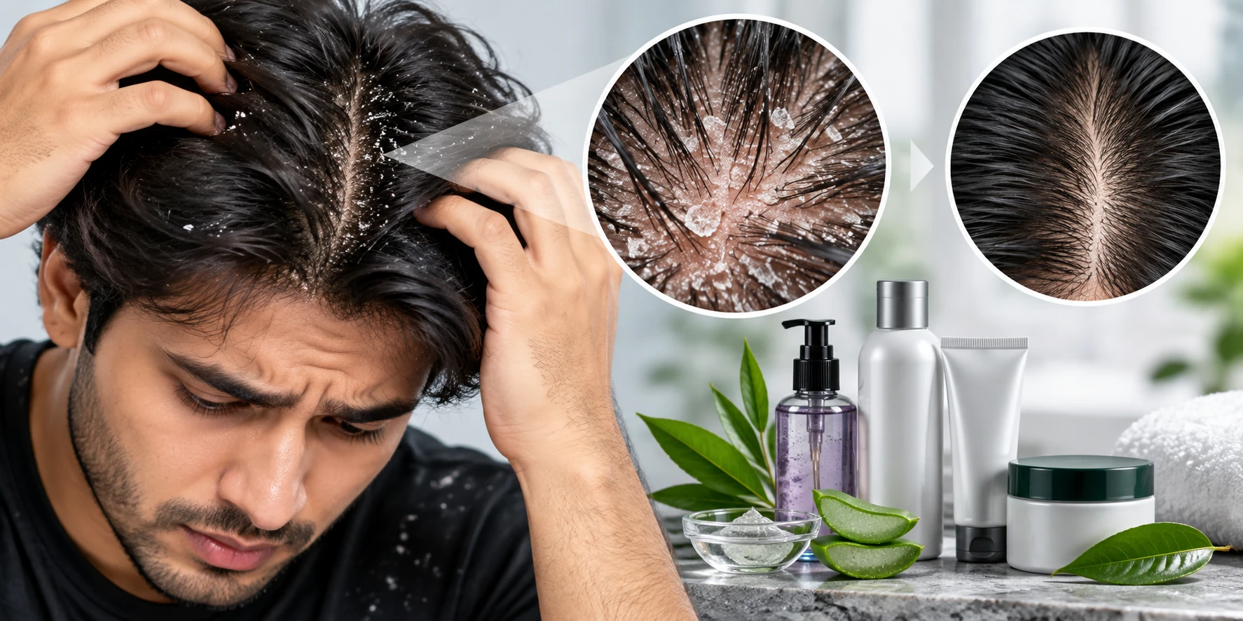 Man with visible scalp flakes and dandruff with close-up scalp comparison and anti-dandruff hair care products.
