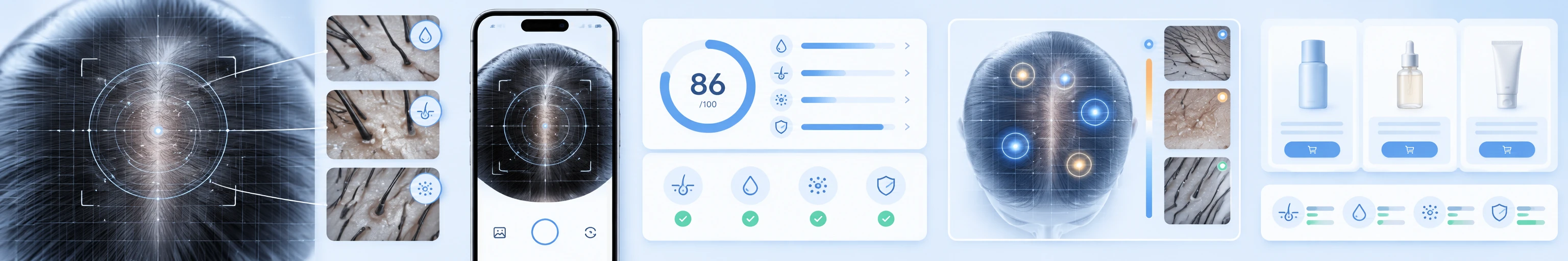 AI scalp test and suitability screening app preview for scalp and hair assessment.