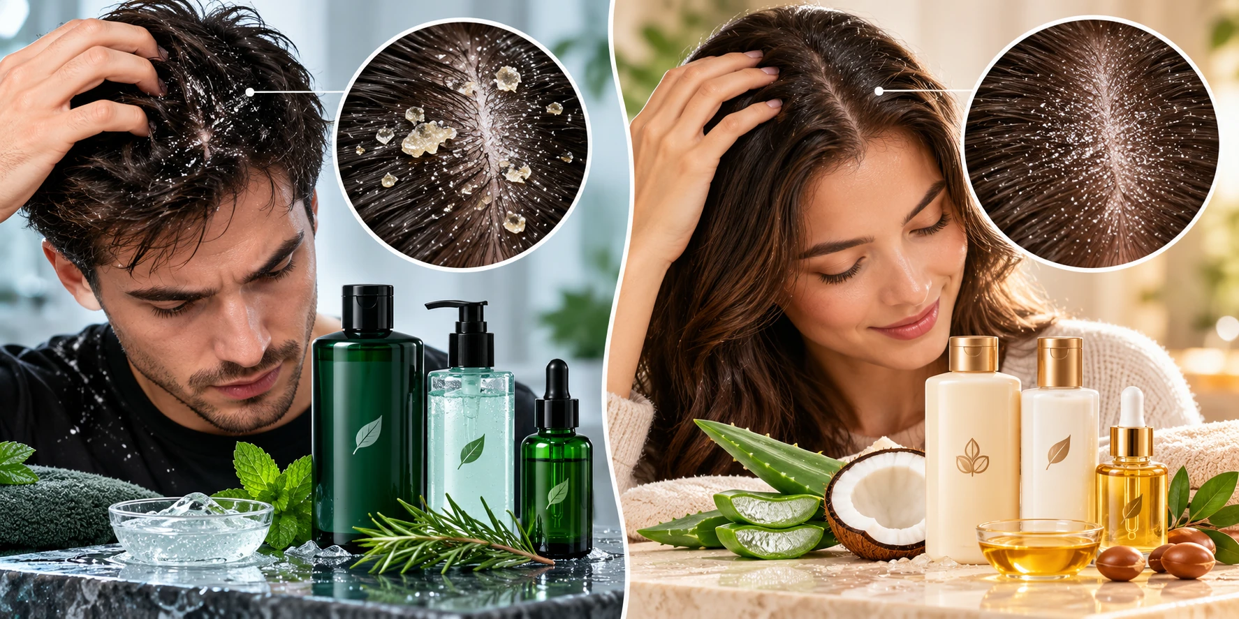 Side-by-side visual showing dandruff-prone scalp and dry scalp with close-up flakes and suitable scalp care product types.