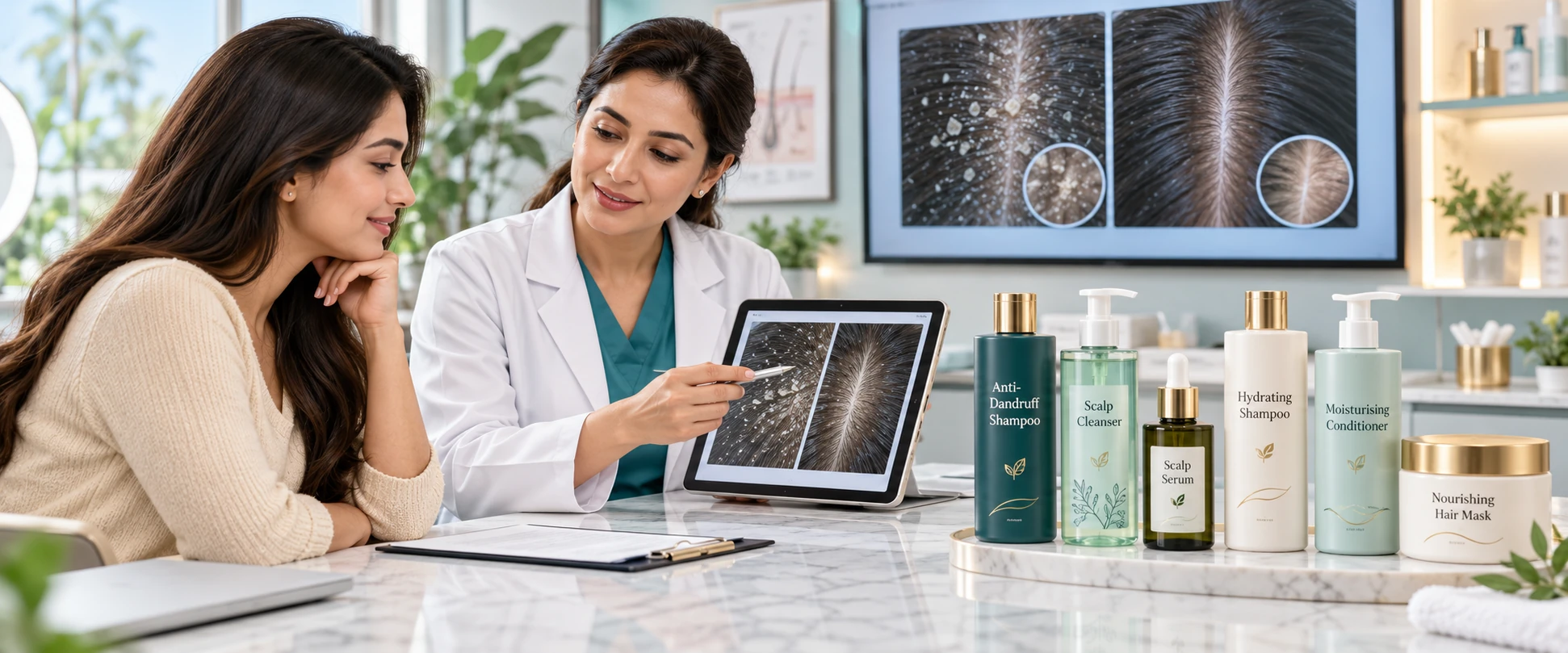 Dermatologist discussing dandruff and dry scalp results with a patient while recommending suitable scalp care products.