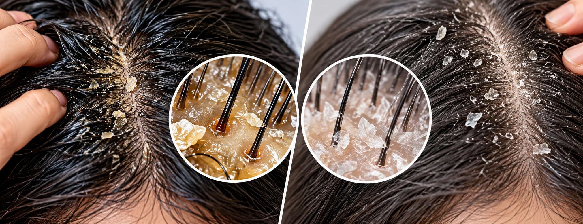 Close-up comparison of greasy dandruff flakes and small dry scalp flakes on hair and scalp.