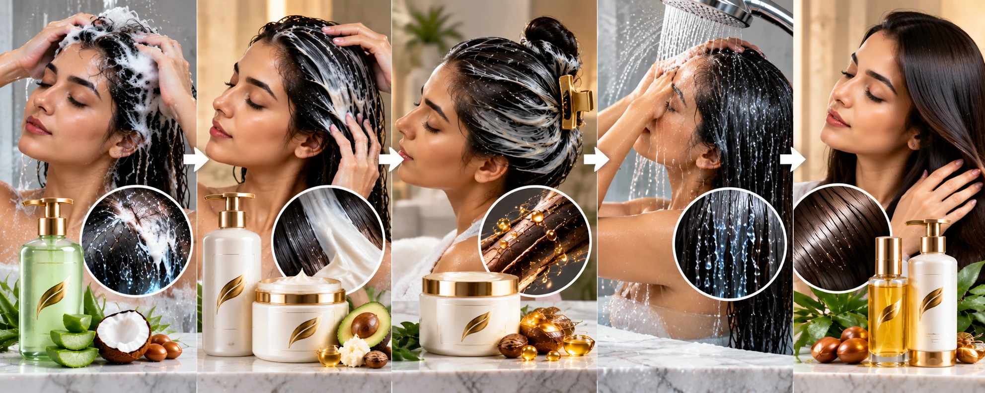 Step-by-step hair care routine showing cleansing, conditioning, hair mask, rinsing and finishing