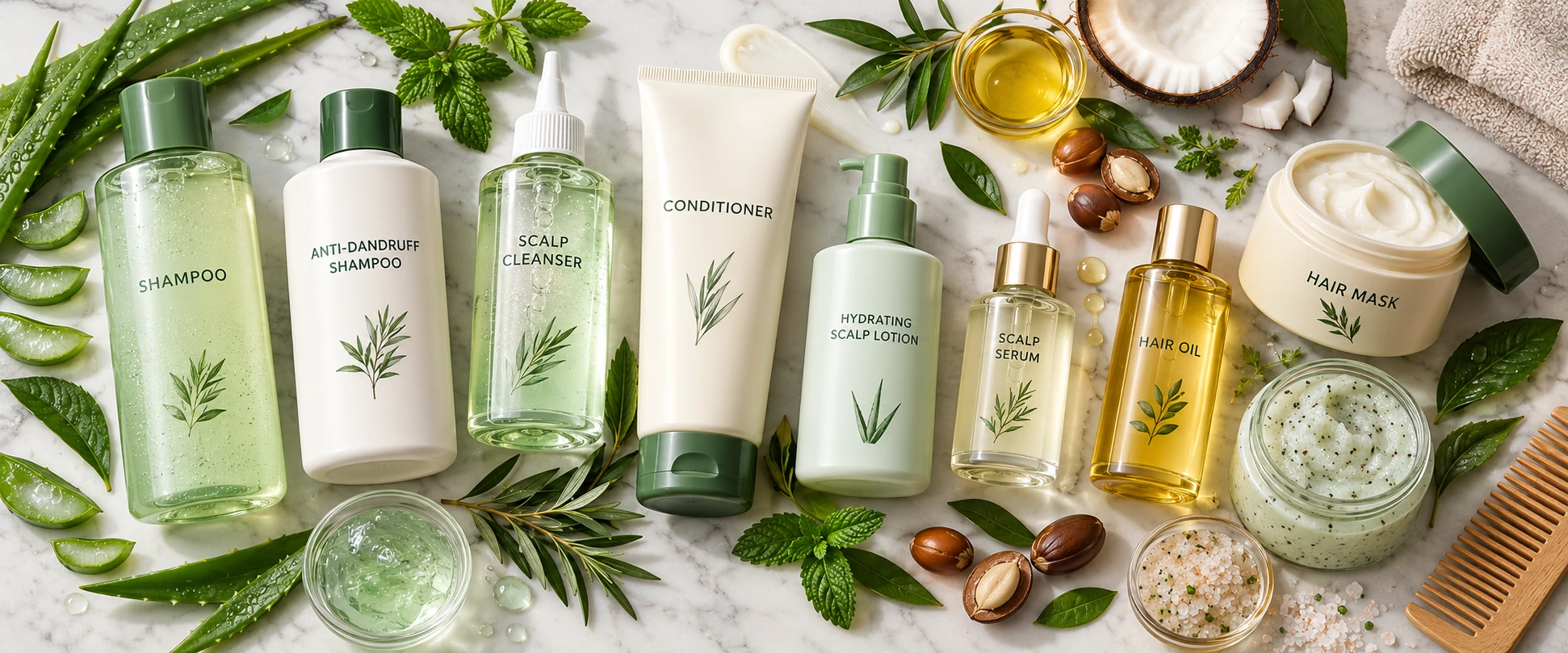 Flat-lay of scalp and hair care products including shampoo, anti-dandruff shampoo, scalp cleanser, conditioner, scalp lotion, serum, hair oil, and hair mask.