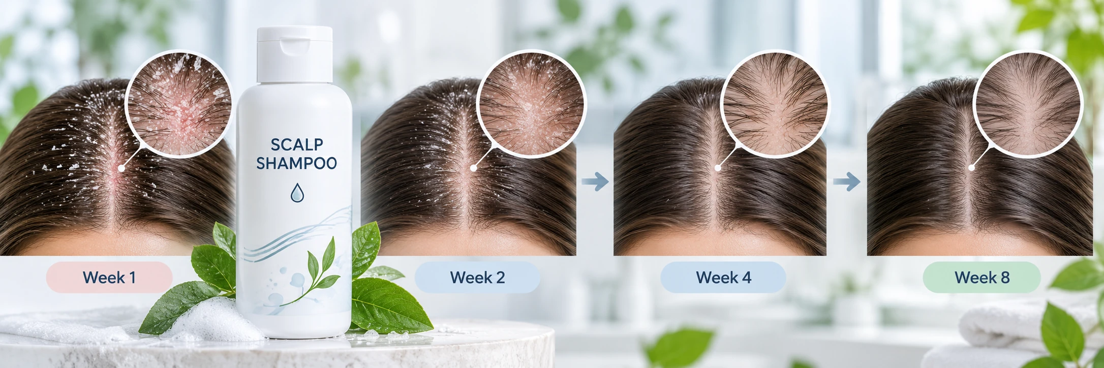 Scalp shampoo progress timeline showing changes in visible flakes and scalp condition from week 1 to week 8.