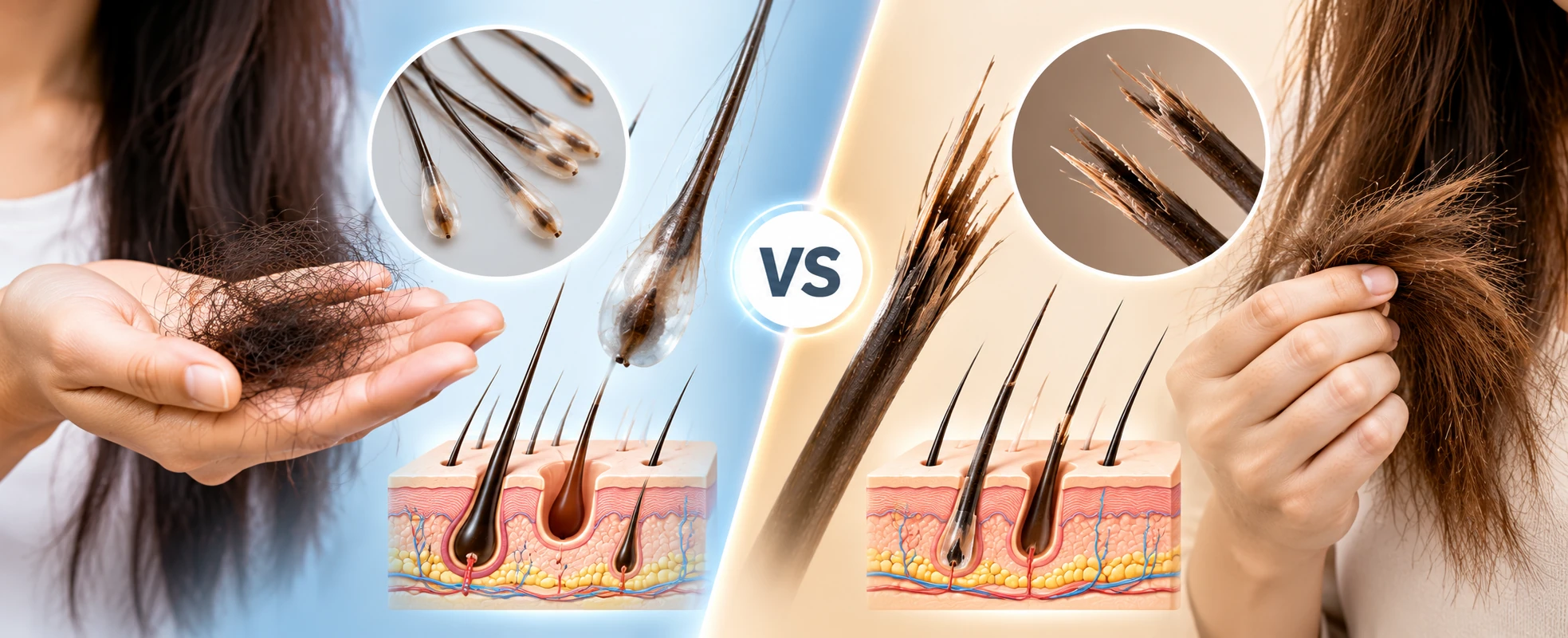 Hair fall vs hair breakage comparison showing shed hairs with root bulbs and broken hair strands with frayed ends.