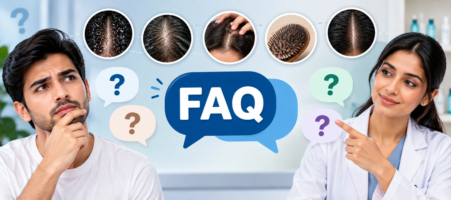 Related hair comparison banner showing Minoxidil 5% vs 10%, Finasteride vs Dutasteride, FUE vs DHI, dandruff comparison, and hair fall vs breakage.