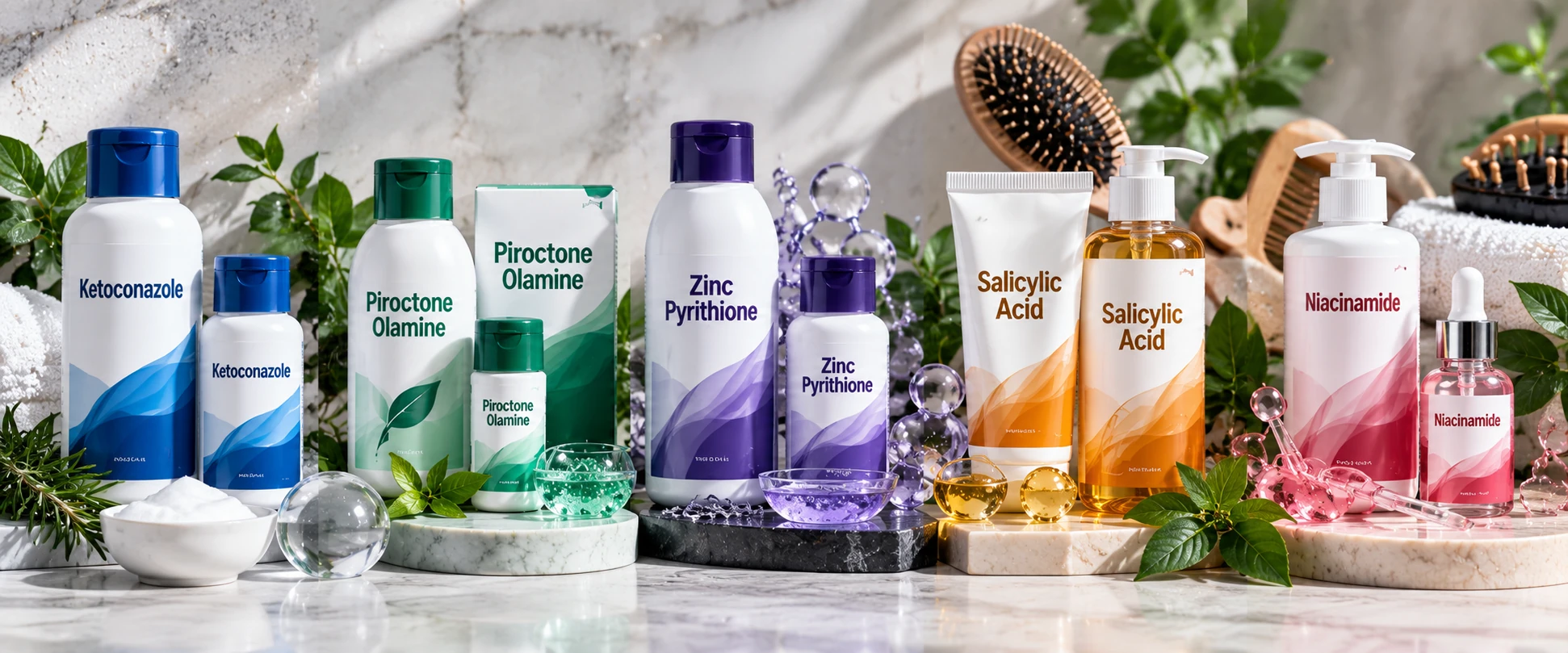 Scalp care product range featuring ketoconazole, piroctone olamine, zinc pyrithione, salicylic acid and niacinamide