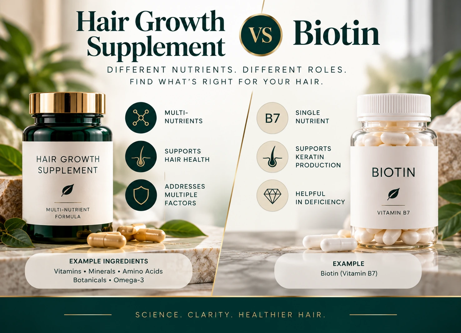 Final hair loss treatment recommendation comparing Minoxidil, Finasteride, Ketoconazole Shampoo, hair serum, Biotin, Omega-3 and Vitamin D3.