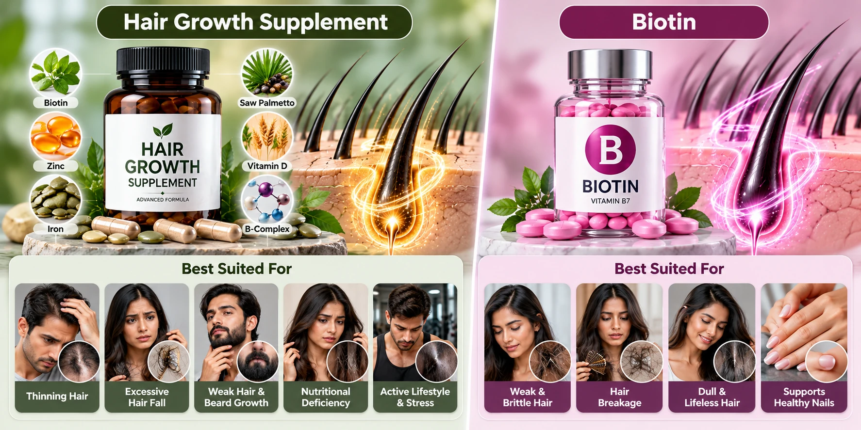 Hair Growth Supplement vs Biotin overview comparison for nutritional hair support