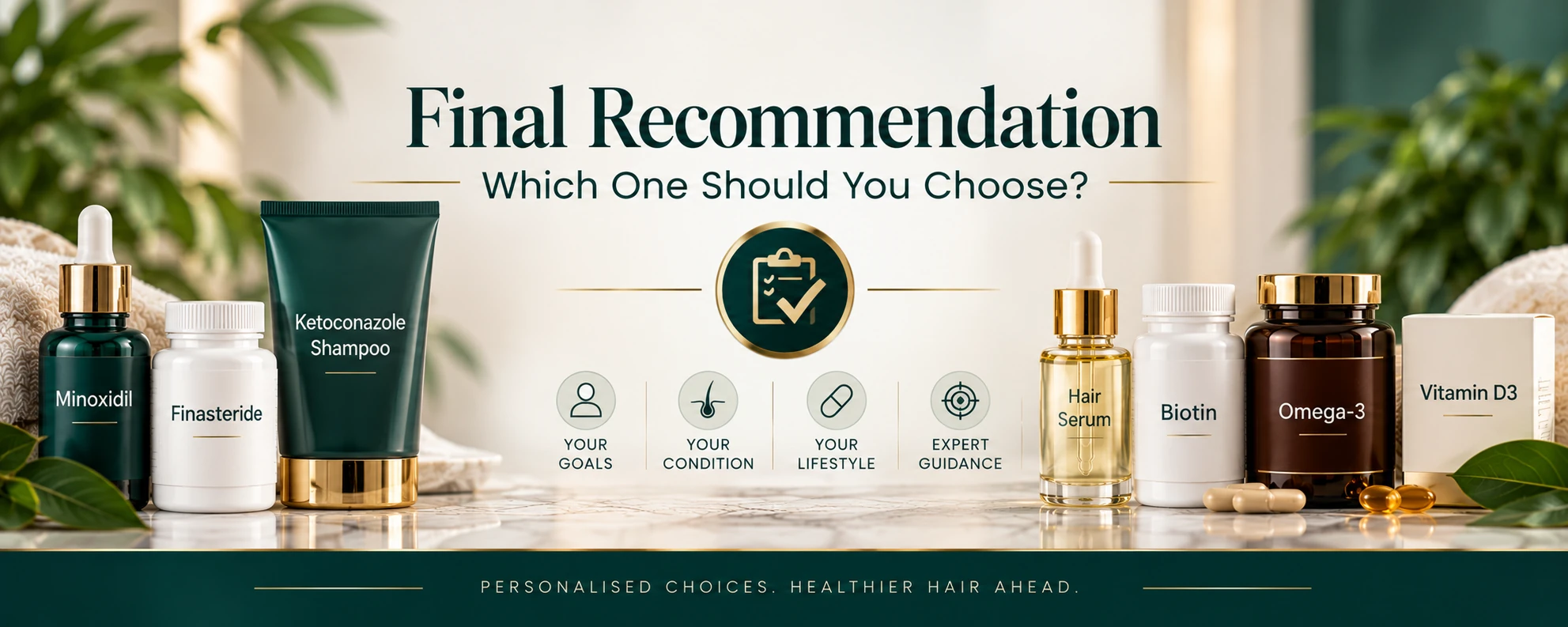 Hair loss treatment FAQs featuring Minoxidil, Finasteride, Ketoconazole Shampoo, Biotin, Omega-3 and Vitamin D3.