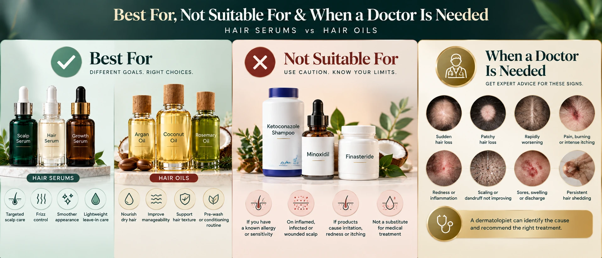 Hair serum vs hair oil overview comparing scalp serum, hair serum and growth serum with argan, coconut and rosemary oils.