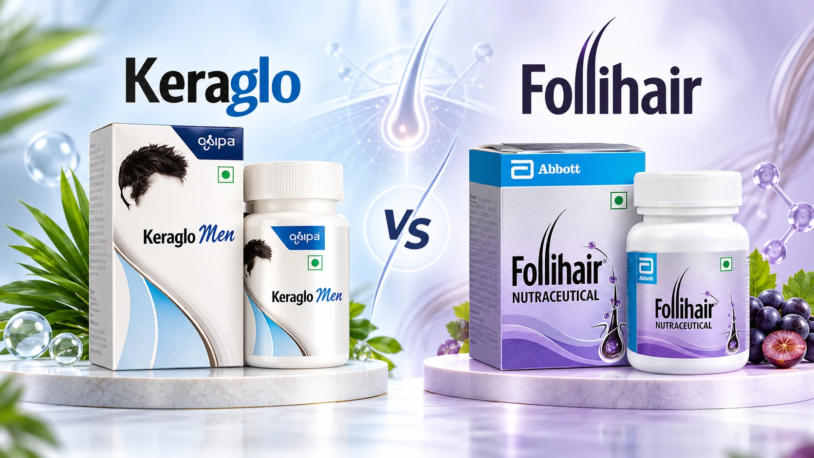 Keraglo vs Follihair hair supplement comparison showing both products side by side for hair nutrition and hair-loss support