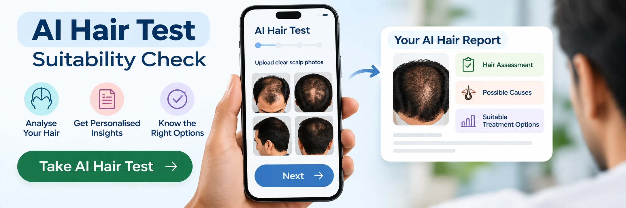AI Hair Test suitability check showing scalp photo upload, hair assessment and personalised hair care insights.